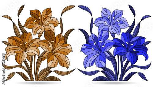 Set of stained glass illustrations with bouquets of Lily flowers, isolated on white background, tone blue and brown