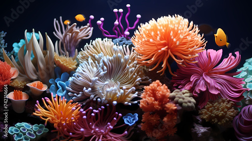 Beautiful undersea tropical fluorescent sea anemone on deep sea coral reef © Derby