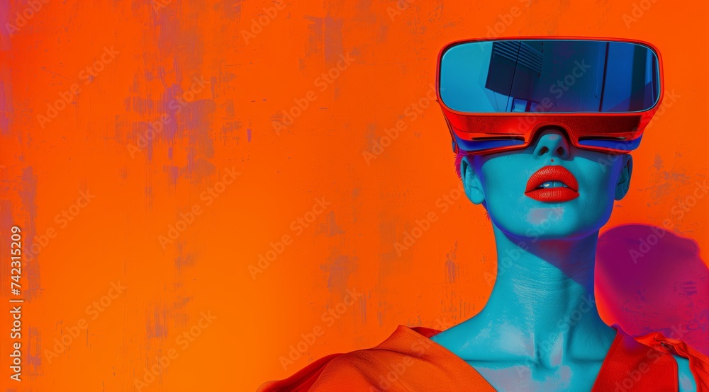 AI young creative person wearing a virtual reality headset VR headset playing games, entertainment and digital technology metaverse of the future. A panoramic banner poster format . Generative AI