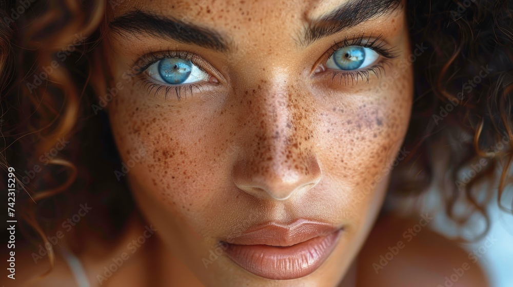 Close-Up Portrait of Woman with Unique Freckles and Curly Hair Close-Up Portrait of Woman with Unique Freckles and Curly Hair