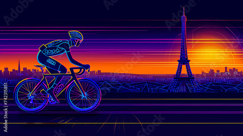 simple line art minimalist collage illustration with professional track racing cyclist on a track bike and Eiffel Tower in the background, olympic games, wide lens photo