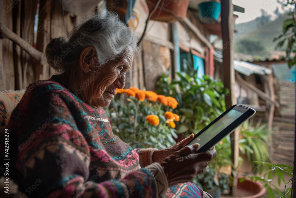 An old woman using a tablet computer, an elderly person interacting with technology