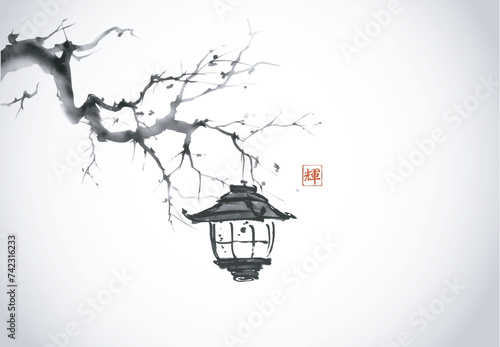 Ink painting depicting a lantern hanging on an elegant tree branch. conveying a serene East Asian aesthetic.Traditional Japanese ink wash painting sumi-e. Hieroglyph - shine. © elinacious