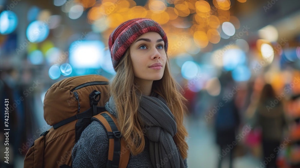 Young beautiful female traveler with backpack on bokeh background