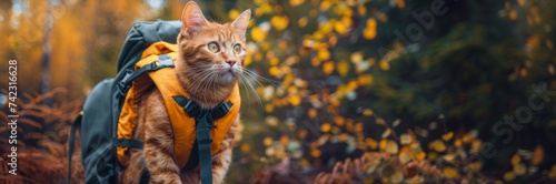 Photo of adventurer cat with backpack on his back 