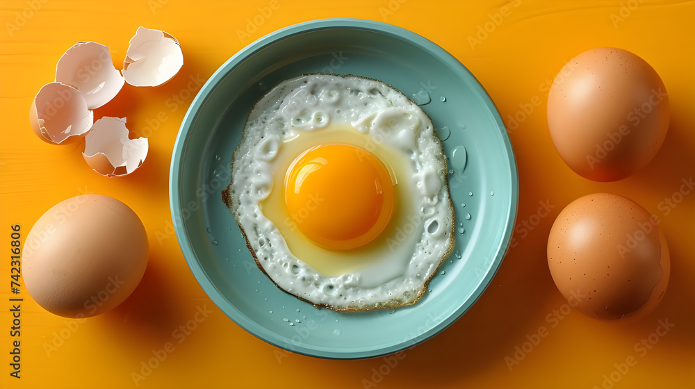 Fried eggs in a bowl and raw eggs placed outside on a yellow background Fried eggs in a bowl and raw eggs placed outside on a yellow background