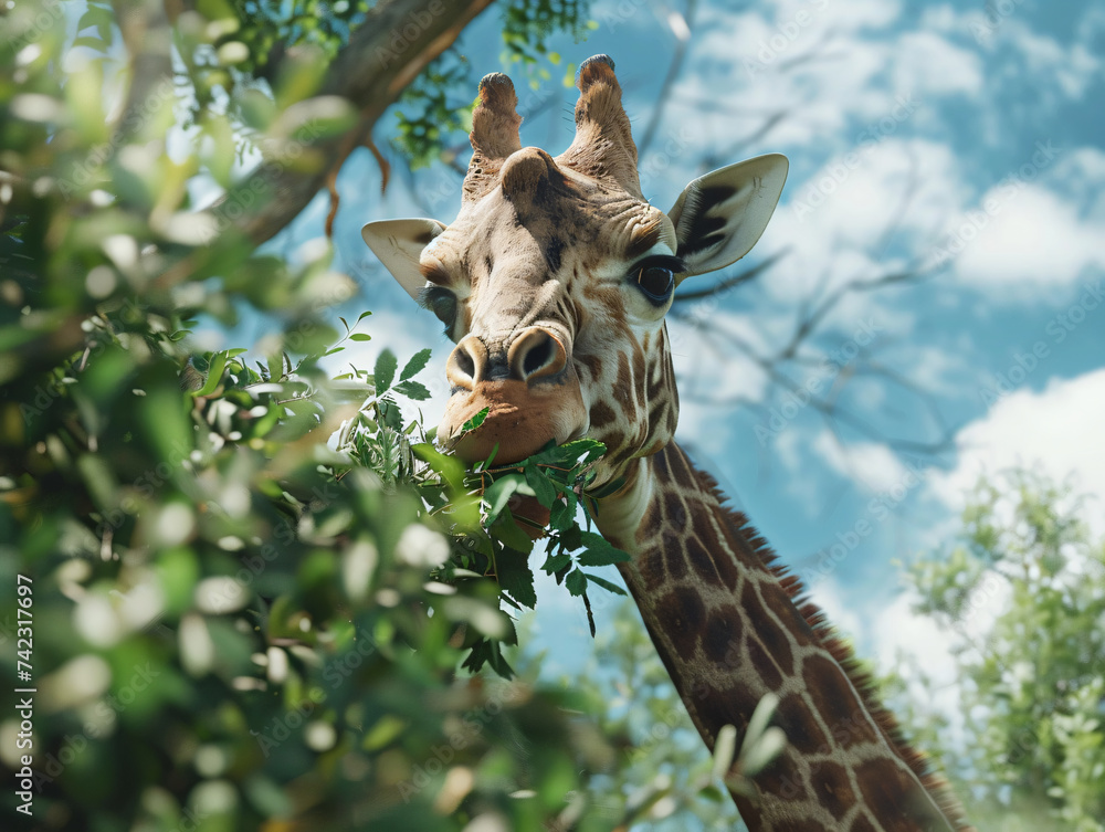 Fototapeta premium close up of a giraffe eating a leaf