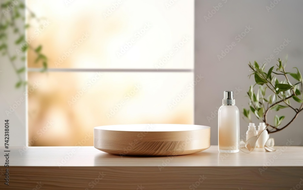 Organic natural eco concept. Empty wooden podium with plants on table over blurred bathroom background for product placement, shadows, soft sunlight. AI Generative. Organic natural eco concept. Empty wooden podium with plants on table over blurred bathroom background for product placement, shadows, soft sunlight. AI Generative.