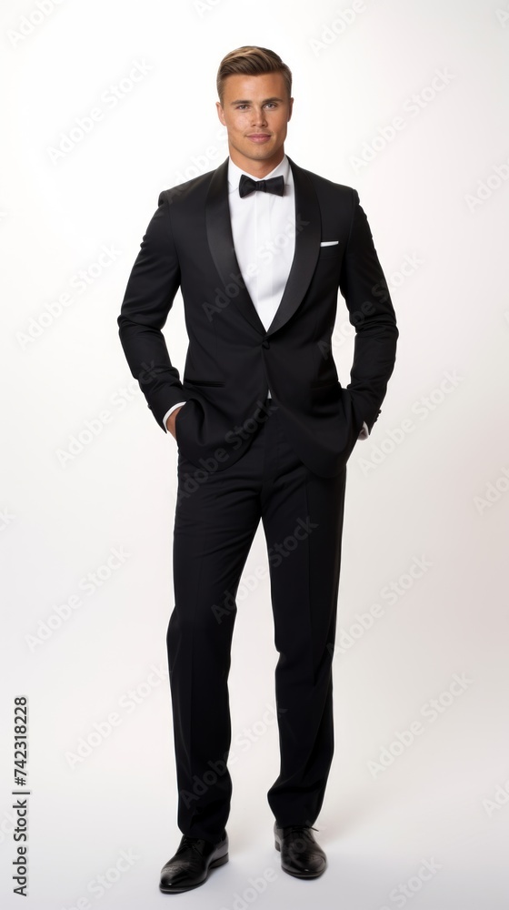 Stock image of a male model in elegant evening wear against a plain white background Generative AI Stock image of a male model in elegant evening wear against a plain white background Generative AI