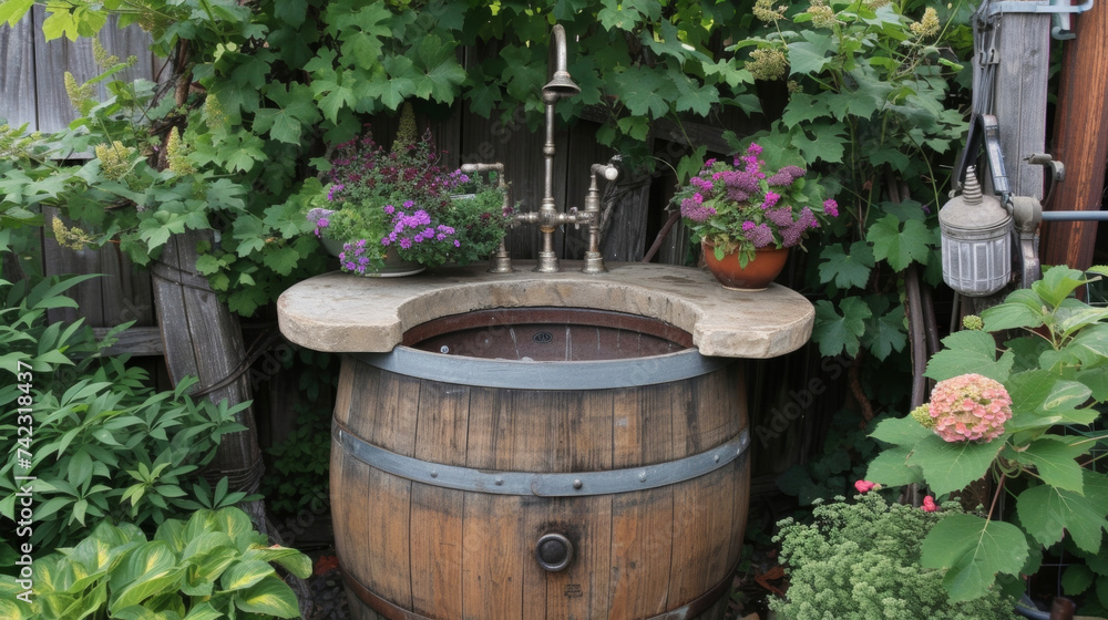 An empty wine barrel has been converted into a functional outdoor sink complete with plumbing and a repurposed faucet perfect for summer garden parties.