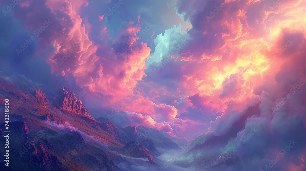 Technicolor clouds swirling above a mountainous landscape, creating a dreamlike panorama that transcends conventional reality. - obrazy, fototapety, plakaty 