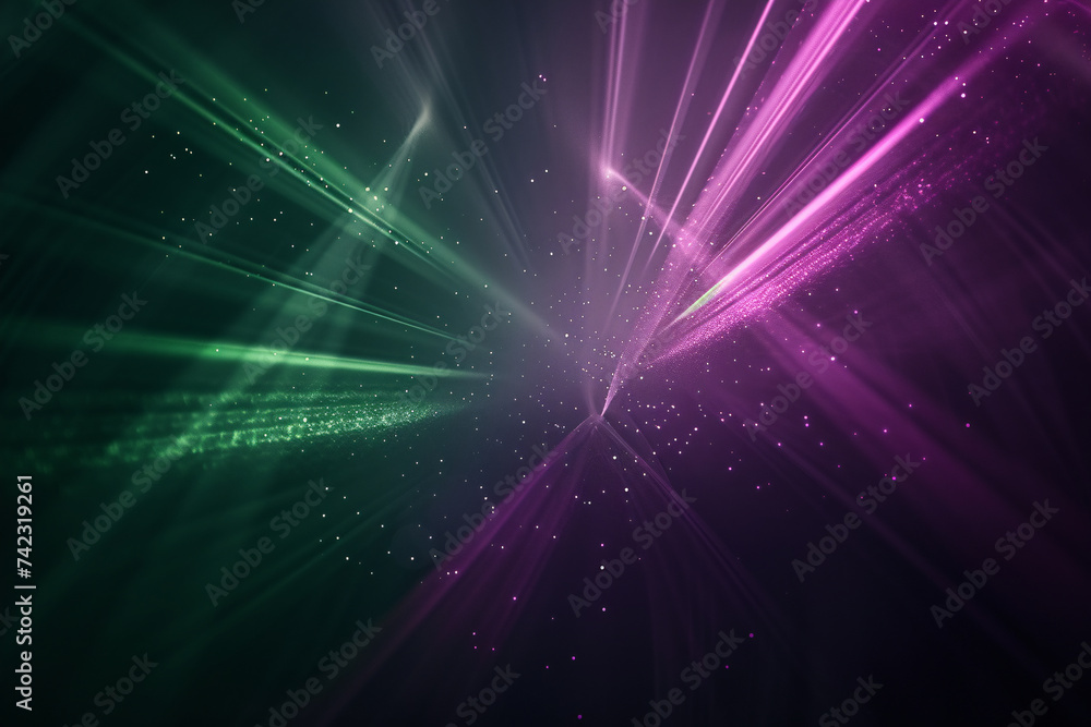 Naklejka premium Asymmetric purple and green light burst, an abstract ray of light, background overlay
