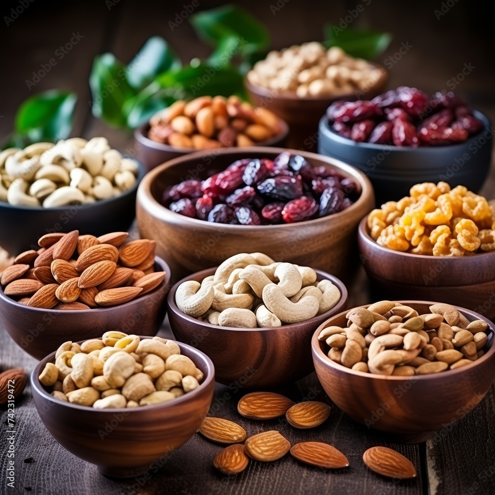 Stock image of a variety of nuts and dried fruits in bowls, a healthy and natural snack Generative AI Stock image of a variety of nuts and dried fruits in bowls, a healthy and natural snack Generative AI