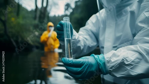 Scientists wearing protective suits hold a test tube containing a water sample in their hands, conveying the concept of examining water pollution. photo