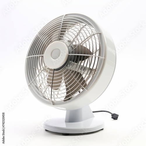 Stock image of an office desk fan on a white background, cooling, air circulation Generative AI