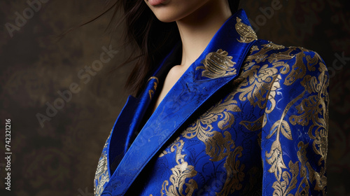 A structured blazer in a royal blue hue featuring intricate gold brocade and a highlow hemline perfect for a modern duchess attending a state dinner. photo