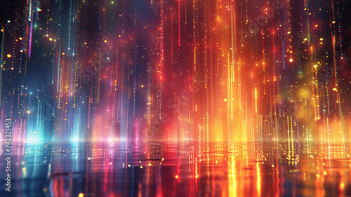 A surreal cascade of pixelated raindrops converging into a neon river beneath a fractal city skyline.