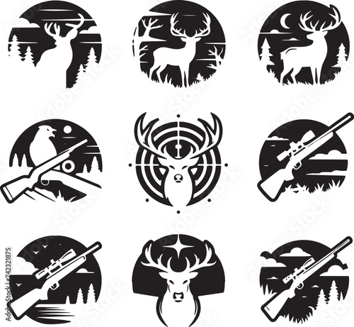 Set of hunting elements vector silhouettes icon clipart design, isolated on a white background