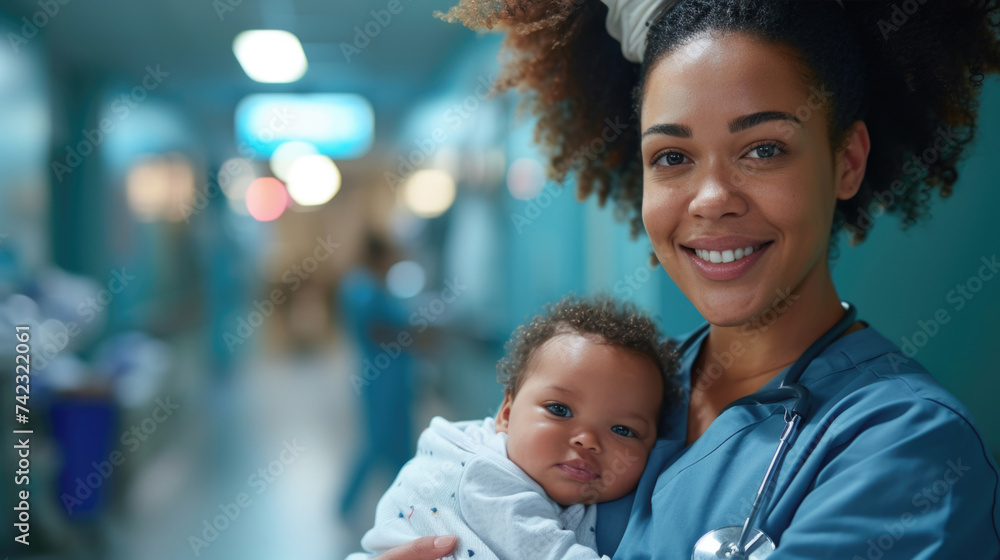 nurse cradles a newborn baby in her arms, holding and taking care of a newborn baby in hospital