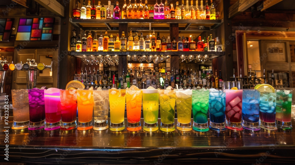 A rainbow of colorful cocktails all featuring the famous Irish spirit flowing freely from behind the bar. A rainbow of colorful cocktails all featuring the famous Irish spirit flowing freely from behind the bar.