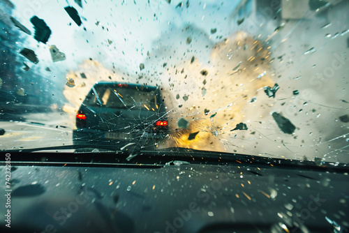 Break lights of the car in front are seen through the windshield
