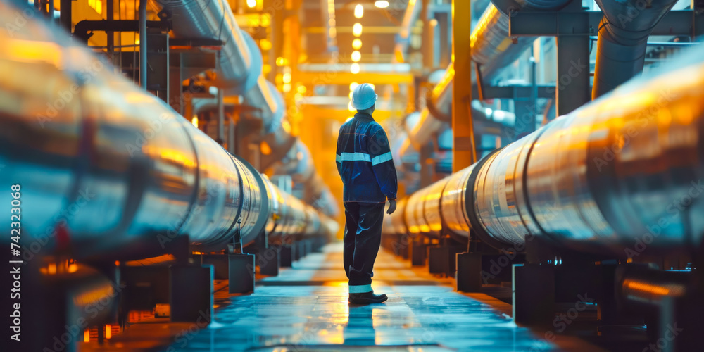 Male worker inspects steel long pipes and pipe elbows at an oil plant, visual inspection of oil and gas industry pipeline valve, oil refining industry - obrazy, fototapety, plakaty 