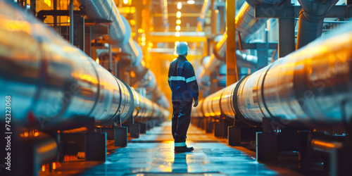 Male worker inspects steel long pipes and pipe elbows at an oil plant, visual inspection of oil and gas industry pipeline valve, oil refining industry photo