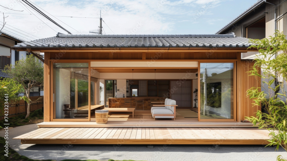 This Japanese minimalist home blends traditional and modern styles creating a unique living space that promotes peace and harmony. Large windows and sliding doors connect This Japanese minimalist home blends traditional and modern styles creating a unique living space that promotes peace and harmony. Large windows and sliding doors connect