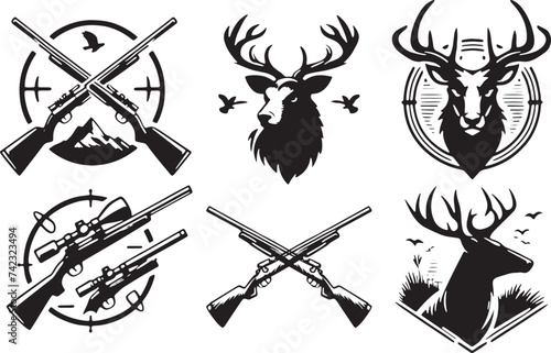Set of hunting elements vector silhouettes icon clipart design, isolated on a white background