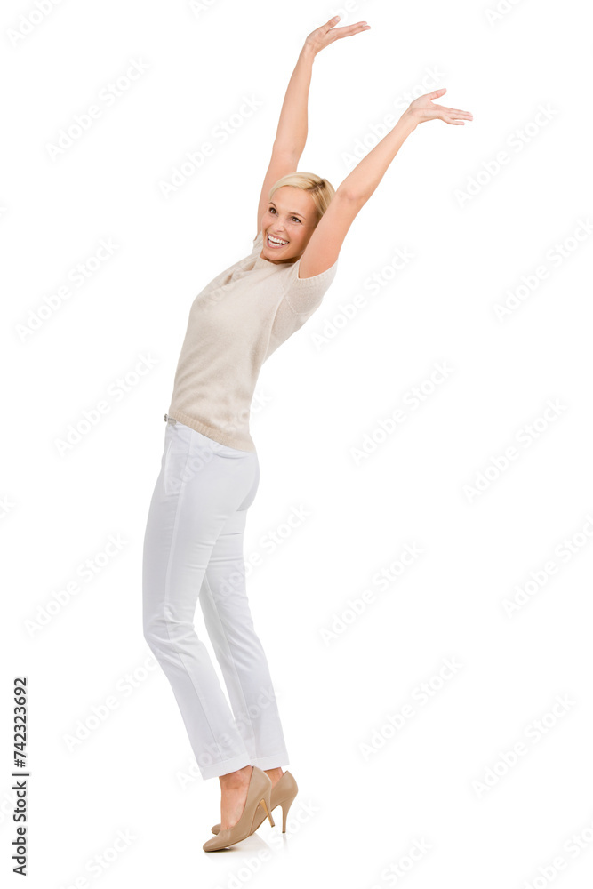 Happy, cheering and woman with arms up celebration in studio for fashion, sale or promo on white background. Excited, energy and female model with wow hands for clothing discount, giveaway or offer Happy, cheering and woman with arms up celebration in studio for fashion, sale or promo on white background. Excited, energy and female model with wow hands for clothing discount, giveaway or offer