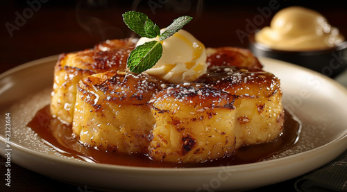 malva pudding, A soft and springy cake with flavors of apricot jam and caramel topped with a sweet creamy sauce and served with a thin custard and ice cream photo