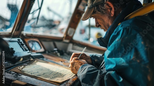 Boatman with hand-drawn details on the bridge of a boat photo