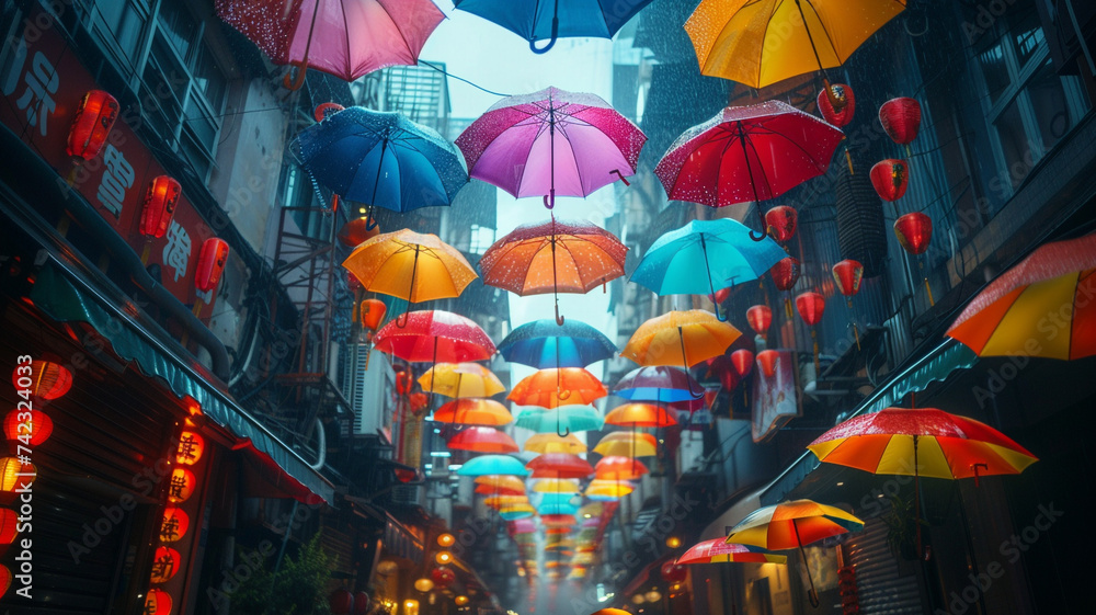 A vibrant umbrella city, where each umbrella symbolizes a different aspect of an individual's personality, creating a colorful and dynamic cityscape.