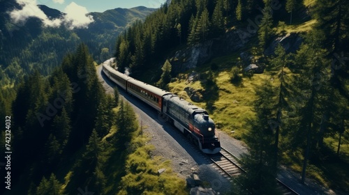 Generative AI Top-down perspectives of a train chugging through a picturesque alpine landscape on a mountain railway.