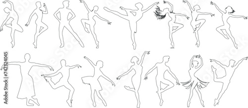 Dancer outline, ballet poses, elegant movement. Perfect for dance studio, performance art, choreography content. Captures grace, poise of dancers in various positions