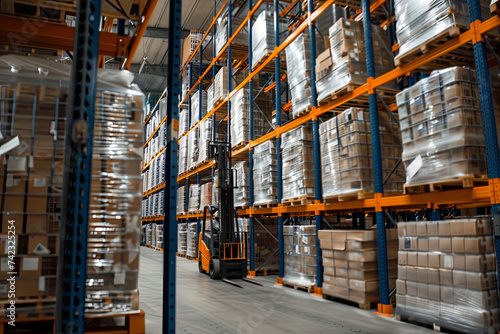 Reach truck forklift lifting a pallet with surplus materials from the top shelf in a large warehouse