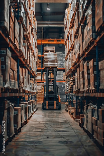 Reach truck forklift lifting a pallet with surplus materials from the top shelf in a large warehouse © Fabio