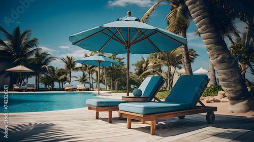 Luxurious pool and sun loungers with umbrellas nearby photo