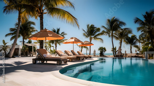 Luxurious pool and sun loungers with umbrellas nearby