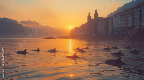 Dolphins in the waters of the Bay of Biscay off the coast of Spain. photo