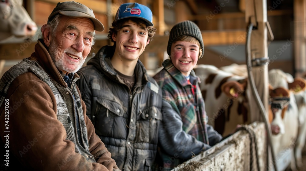 A successful elderly dairy farmer and his teenage son and grandson smile for the camera as they work in a pen with cows.