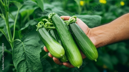 close-up of a man's hands holding a bunch of zucchini, harvesting in a greenhouse Generative AI