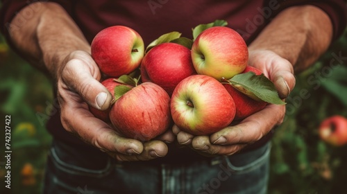 close-up of male hands holding apples, harvesting in the garden Generative AI