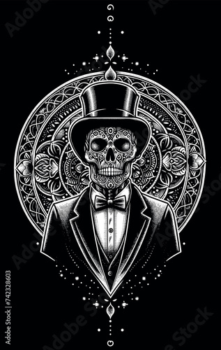 Distinguished Skeleton Gentleman with Top Hat in Ornate Dotwork Style