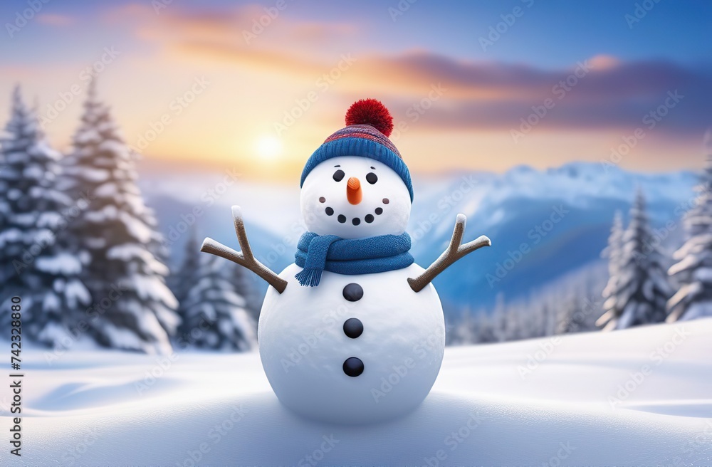 Obraz premium Panoramic view of happy snowman in winter secenery with copy space