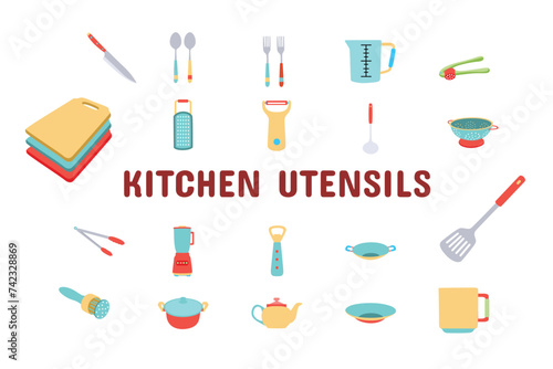 Kitchen Utensils Flat Vector Illustration Icon Sticker Set Design Materials