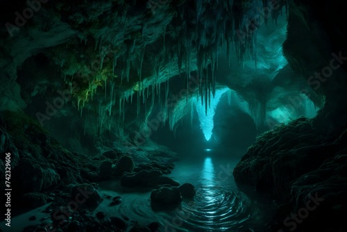 A hidden cave passage, illuminated by the soft glow of bioluminescent organisms.