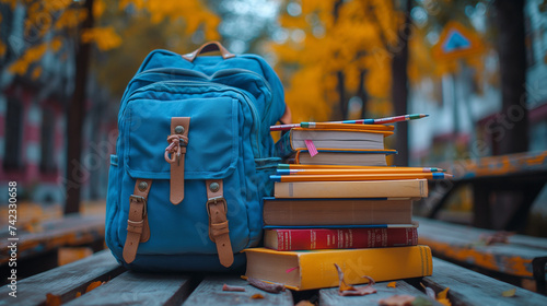 Different colored school equipment on the bench near a school, concept of education