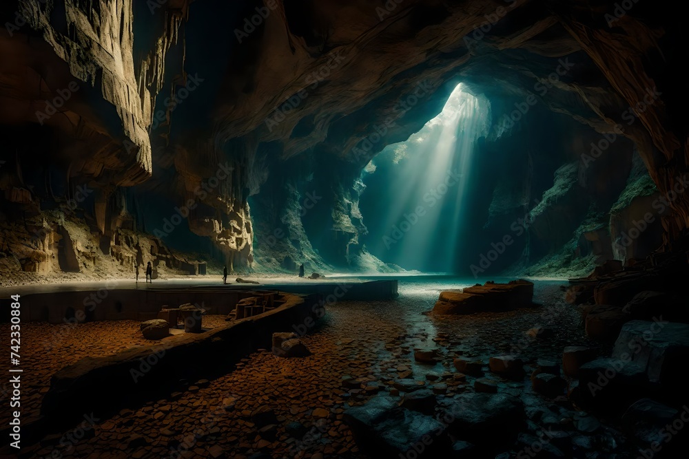 A surreal underground gallery, where nature's sculptures grace the cave's walls. - obrazy, fototapety, plakaty 
