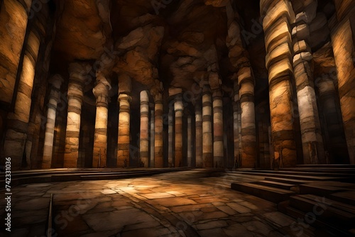 A cathedral-like underground chamber with towering pillars of rock and mineral deposits. © Muhammad